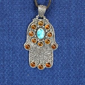 Hand of Fatima Khamsa Filigree Amber Turquoise Sterling Silver Pendant Amulet